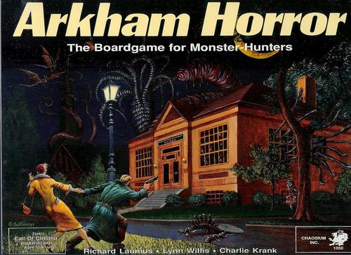 Коробка «Arkham Horror», Chaosium, 1987: библиотека под фонарём, щупальца в ночном небе